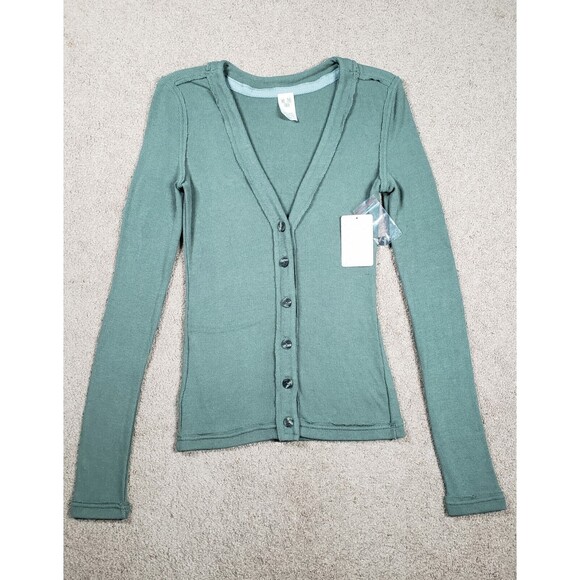Free People We The Free Olive Green Cardigan Sweatshirt V-Neck Ribbed Size S - Picture 1 of 9